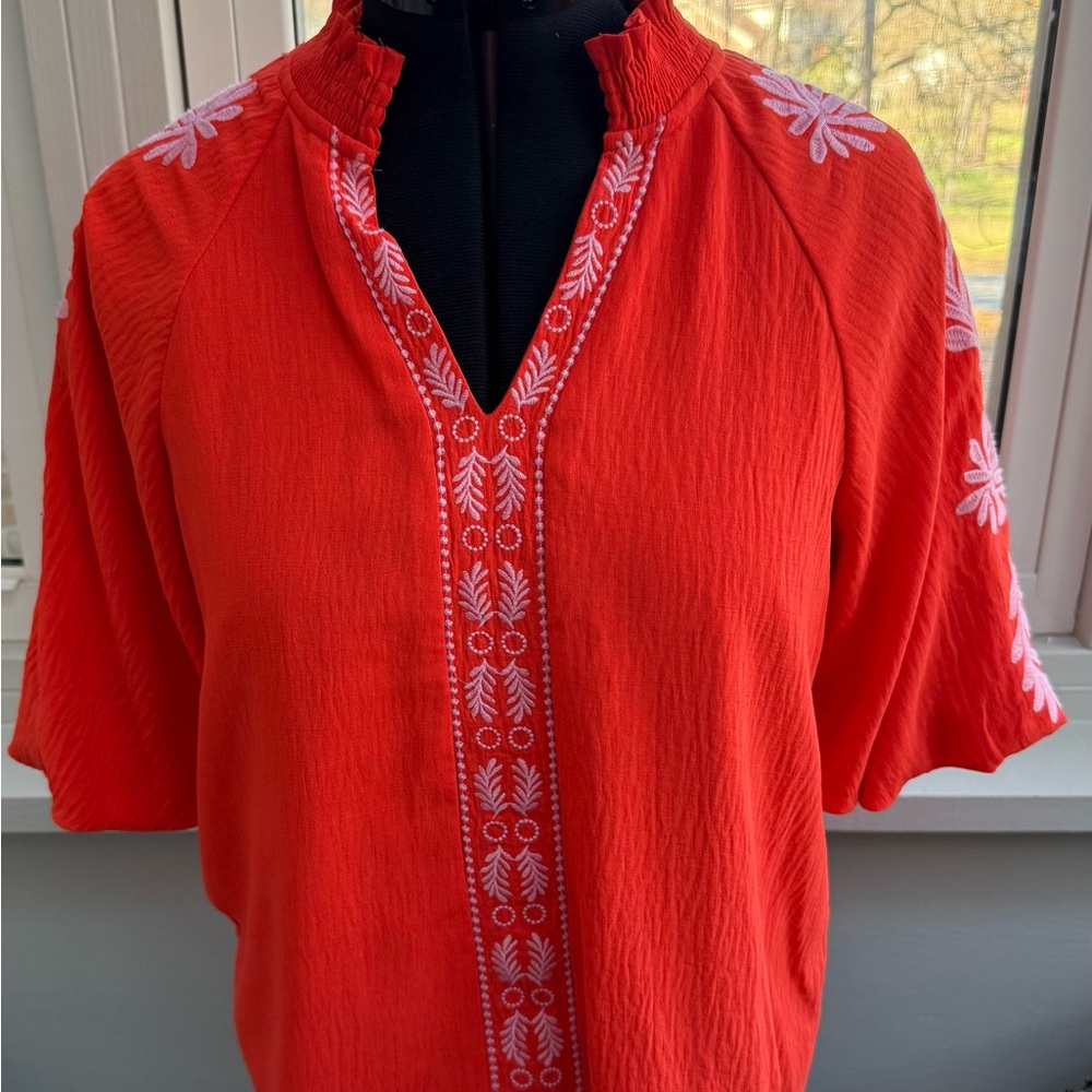 THML Orange Blouse with Puff Sleeves and White Embroidery Size XL